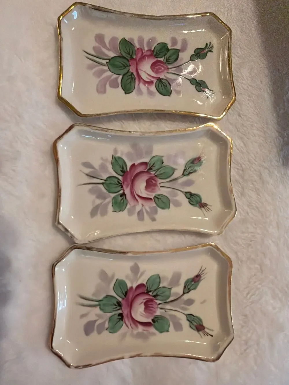 Set of 3 Vintage Weisley China Hand Painted Floral Trinket Dishes Gold Trim